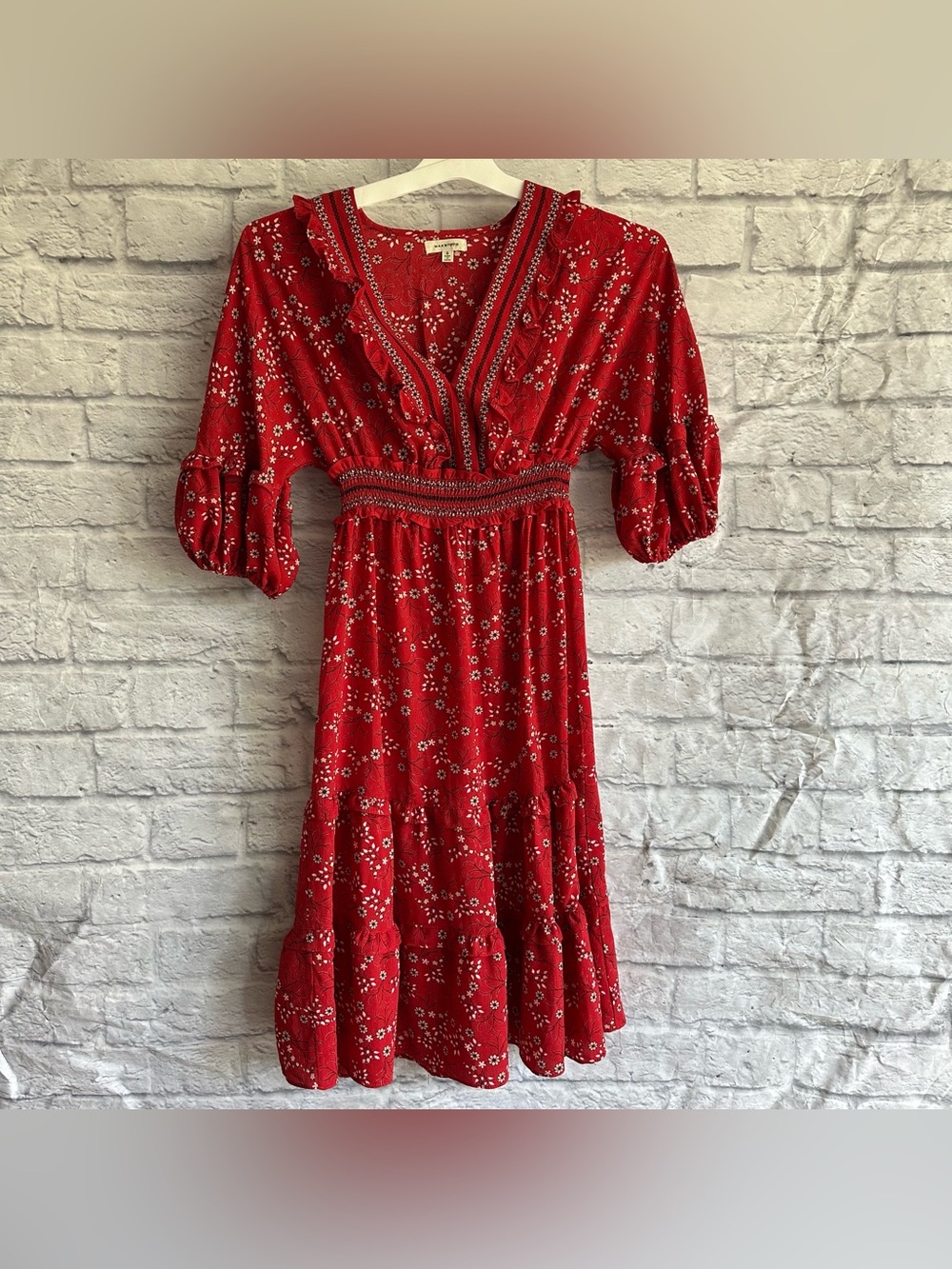 PREOWNED RUFFLE SLEEVE RED MIDI DRESS V NECK WOMENS SMALL S